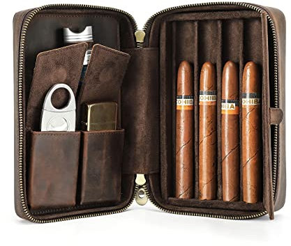Hiram Zigarren-Reisebox, Leder-Zigarrenetui für 4 Zigarren, tragbare Zigarrenbox mit Handschlaufe, Zigarren-Humidor-Tasche mit Kartenfach und Tasche für Zigarrenschneider, Feuerzeug und Halter
