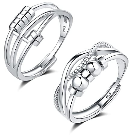 Loutade Silber Anxiety Rings, 2PCS 925 Sterling Silber Damen Angst Ringe Set, Offen Einstellbar Anti-Stress Dekompressionsringe, Unisex Unendlichkeit Spinner Fidget Ring Zappelringe mit 5 Perlen Band