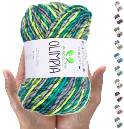 MeriWoolArt Merino Wolle zum Stricken – 100 m Mehrfarbige Dicke Weiche Merinowolle zum Stricken für Pullover Jacken – XXL Handstrickwolle – Voluminöse DIY Wolle für Schals Decken Tücher Geschenke