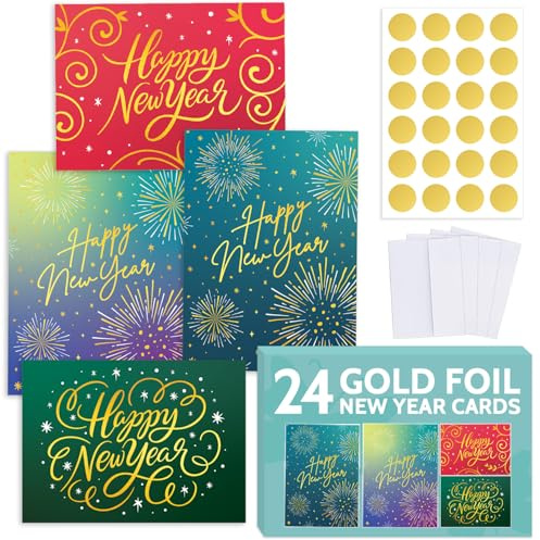 T MARIE 24 Gold Foil New Year Cards 2026 - Boxed Set with Envelopes and Gold Stickers - Assorted Designs with Messages Inside. Holiday Greeting Cards Bulk Pack for Wishing Happy New Year