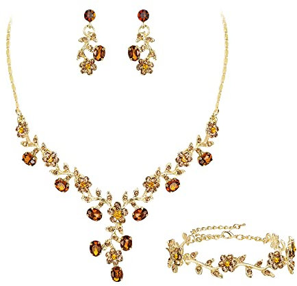 EVER FAITH Hochzeit Party Schmuck Set für Braut österreichischen Kristall Cluster Blume Kostüm Halskette Ohrringe Armband Braun Gold-Ton