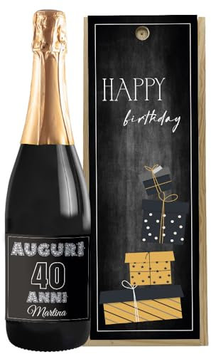 Regalo Personalizzato bottiglia di vino 0.75 lt. con cassetta in legno per compleanno | Idea regalo originale per Lui e Lei | Regalo Personalizzabile Compleanno Amico (Prosecco DOC, Glitter)