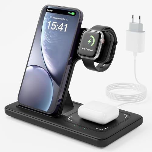 Cargador Inalámbrico 3 en 1, Wireless Charger, Cargador Inalambrico 15W Replacement for iPhone 16/15/14/13/12/Pro/Max/Plus, 3W for Watch Ultra 10/9/8/7/6/5/4/3, 5W for Earbuds 4/3/2/1 Pro LUOATIP