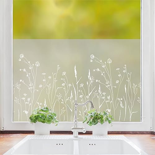 Sichtschutzfolie mit einer wilden Blumenwiese, Fensterfolie Fensterdeko Milchglasfolie, 55 cm hoch, 110 cm breit
