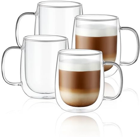 CNGLASS Glass Coffee Mugs 12oz(355ml),Double Wall Insulated Mug Set with Handle,Clear Glass Espresso Mugs for Latte,Cappuccino,Tea Bag,Hot and Cold Beverages,Set of 4