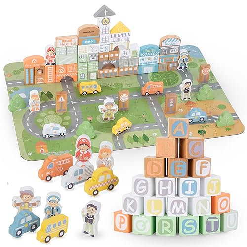 Mamabrum, Stadtblock-Set aus Holz – 100 Elemente, 65 Holzblöcke, 35 Puzzle-Elemente, für Kinder ab 24 Monaten Montessori bausteine Kork bausteine Kinder