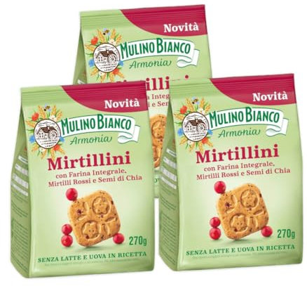 3X Mulino Bianco Armonia Mirtillini Biscotti con Farina Integrale, Mirtilli Rossi e Semi di Chia 270g - NOVITA' 2023 [3 Confezioni]