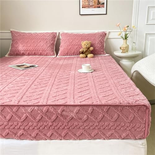 Odot Drap Housse Jacquard Rhombe, Velours Drap Housse pour Matelas Epais en Bonnet 25~30cm, Draps Housses Élastique Doux pour Adulte Enfant, Lit 1~2 Personnes (90x200cm,Rose)