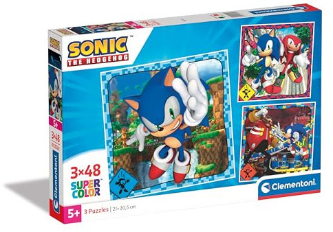 Clementoni Sonic Puzzle 3 x 48 Teile - Puzzle 32 x 22 cm für Kinder ab 5 Jahre - buntes Kinderpuzzle mit besonderer Leuchtkraft & Farbintensität 25320