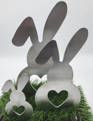 ARTTEC Design Hase Stecker (Alu Deko) - 3er Set - Hochwertige Gartendeko aus Aluminium - Silber - Deko, Geschenke, Präsente Hochzeit Ostern Garten - Handgefertigt Unikat - Bodenmontage
