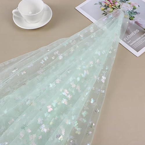 SYSUII 3m * 150cm Glitzer Tüll Dekostoff mit Schmetterling Dekostoff Kostümstoff zum Nähen Netzstoff Netztüll zum Dekorieren Basteln für DIY-Hochzeitskleider Tischdecken Deko -Grün #2
