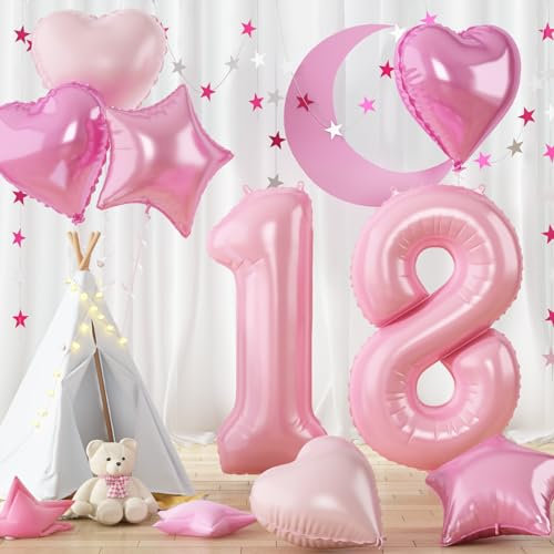 Pastell Rosa Geburtstag Zahlen Luftballon 18, Pink Folienballon Zahl 18 mit Herz Stern Ballon, 40'' Zahlenballon 18 Jahre Geburtstagsdeko für Frau 18. Geburtstag Jubiläum Party Deko, Fliegt mit Helium