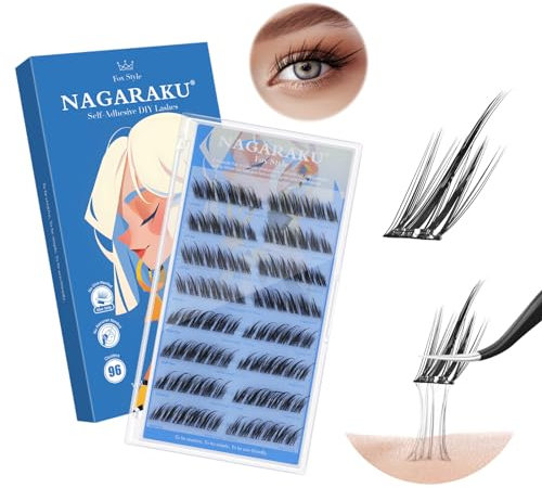 NAGARAKU Pestañas Autoadhesivas 96 Racimos Pestañas Adhesivas Un Paso Presionando Sin Pegamento Ni Removedor Reutilizables Pre-Pegamento Estilo Zorro con Efecto Delineador de Ojos (0,07mm C 10-13mm)