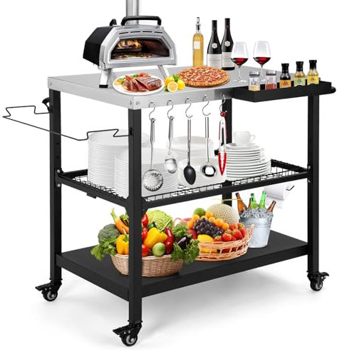Tyfnry Outdoor Grill Cart, 3-Tier Rolling Prep Dining Cart Pizza Oven Stand Table with Lockable Casters, Hooks & Adjustable Mesh, Metal Kitchen Cart Island, Black