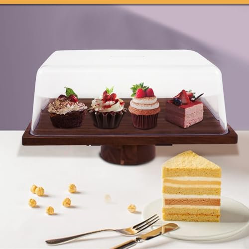 Alzata per torte in legno con coperchio a cupola 3 in 1, rettangolare, con piedistallo in legno di acacia, piatto da portata per alimenti, formaggi, patatine fritte, piatto di frutta
