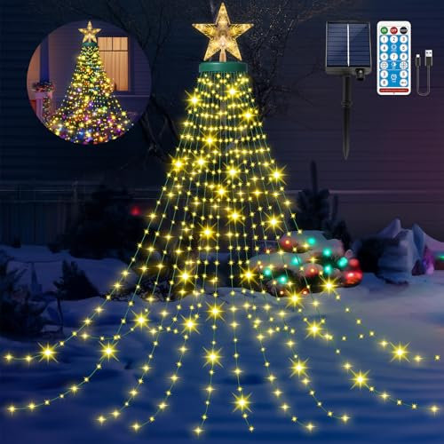 HELESIN Christmas Tree Lights Ring, 6.56FT 8 Modes (Warm) Christmas String Lights with Timer, Dimmable Remote, 410 LED Solar Waterfall Tree Lights USB Powered for Yard, Party, Holiday