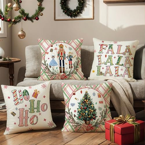 Ni-JASW Set di 4 federe per cuscini natalizie, 45,7 x 45,7 cm, motivo albero di Natale, schiaccianoci, decorazione per divano e divano, colore rosa