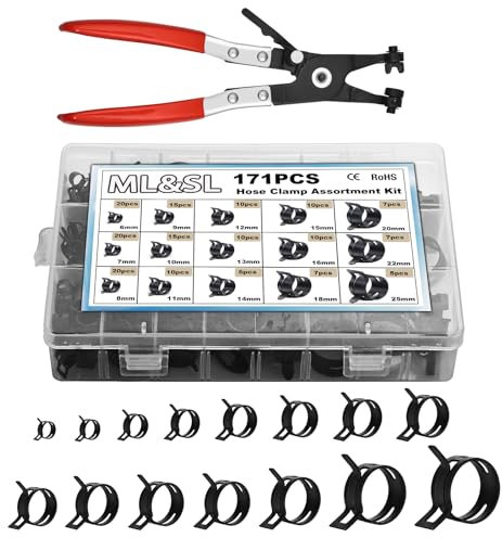 171 fascette stringitubo a molla da 6-25 mm con kit assortito di pinze piatte girevoli, morsetto in acciaio per tubo di aspirazione in silicone a bassa pressione