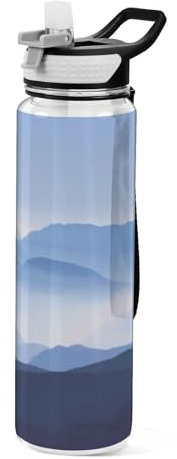 Mnsruu Bouteille d'eau transparente avec paille - Bouteille d'eau étanche - En plastique Tritan sans BPA - Paysage de montagne - Pour le sport, le bureau, l'école - 1 litre