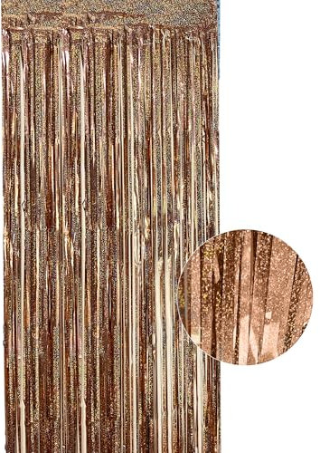 WedDecor 3ft x 6.5ft Rose Gold Tinsel Laser Foil Fringe Curtains Shiny Metallic Tinsel Curtains Hanging Streamers for Birthday Party Decoration Wedding Photo Backdrop Christmas Baby Shower, Pack of 1