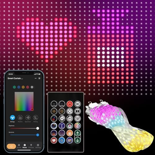 Smart curtain light, LED curtain lights, valentines lights with remote control and APP control, dynamic DIY curtain light, suitable for wall Windows Valentine's Day Halloween Christmas decoration 2x2m