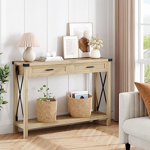 Meuble Entree Couloir, Console Meuble avec 2 Tiroir, 110X 30x78CM,Table Bois en Rotin avec Unique en Forme de X sur Les Côtés pour l'entrée, Le Salon, Le Couloir