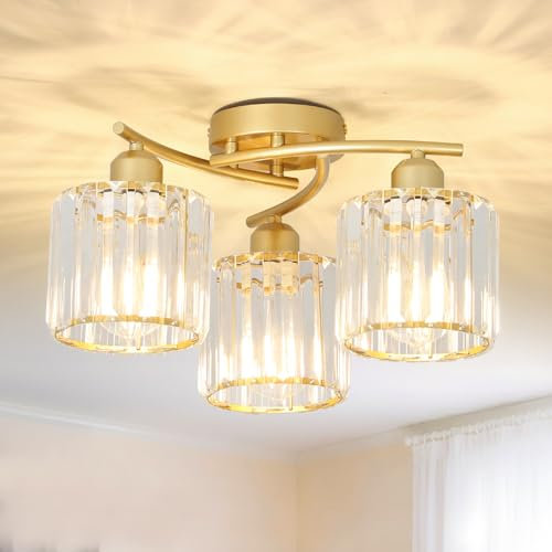 Rayofly Gold Ceiling Lights Living Room, 3-Light Modern Crystal Chandeliers Ceiling Light, Flush Ceiling Lamp Fitting with Glass Lampshade, Gold Crystal Chandelier for Hallway, Bathroom, Kitchen