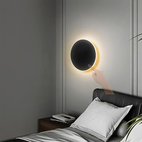 LED Innen Wandleuchte mit Touch Control Schalter Wandleuchtung Eisen Acryl Kreativ Wandlampe Schwarz/Weiß Rund Wandleuchte Wohnzimmer Hotel Kinderzimmer Schlafzimmer (Schwarz Warmes Licht,20cm)