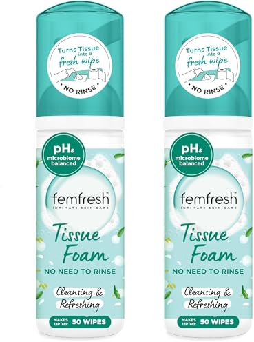 Femfresh Daily Tissue Foam, pH Balancing(*), No-Rinse Intimate Foam for Women, Dermatologically Tested and Vegan, 50 ml (Pack of 2)