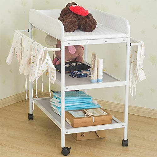 VIIROUD Table à Langer Pliable et Portable, avec Rangement, Ceinture de Sécurité, Peu Encombrante et Stable,Table à Langer, Plan à Langer + 2 étagères, roulettes,(84 * 72 * 90cm Blanc)