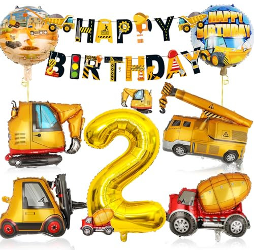 Bagger Geburtstag Deko 2 Jahre, Baustellen Geburtstagsdeko 2 Jahre Junge, Bagger Deko 2. Geburtstag Junge Set mit Baggere Luftballon und Happy Birthday Banner, Baustellen Deko Kindergeburtstag Party