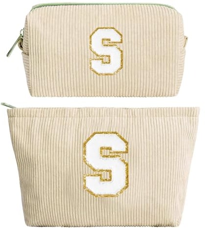 2PCS Initialen Gross Make up Tasche Reiseutensilien Kulturtasche Damen Cord-Schminktasche Organizer Weihnachten Geschenke für Frauen Beste Freundin Teenager Mädchen Erzieherin, Beige Kosmetiktasche S