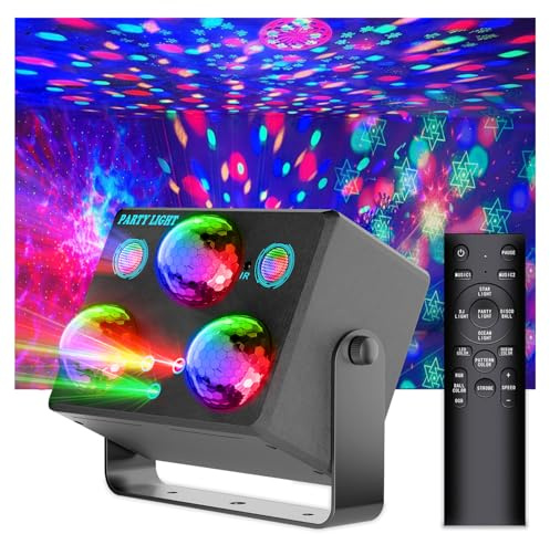 Disco Ball Party Lights,Pro 6 in 1 Disco Lights Sound Activated Dj Strobe with RGB&OGB Disco Balls,Laser Light Show,Ocean Lamp,Star Projector,2 RGB LEDs-Perfect for Disco Glow Party Rave Dance