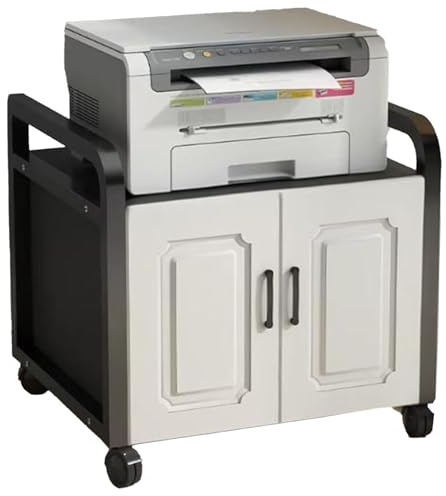 Rollender mobiler Druckertisch mit Ablagen und Aktenschrank, verstellbarer Untertisch-Druckerständer für Hitzepresse, Scanner, Fax, Weiß, Länge: 19,6/50 cm