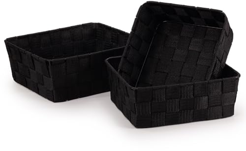 EHC Polypropylene Set of 3 Nestable Storage Boxes, Empty Basket for Gift, Baskets for Shelves, Hand-Woven Storage Box, Display Hamper, Storage Organiser for Bedroom Bathroom Home or Office - Black