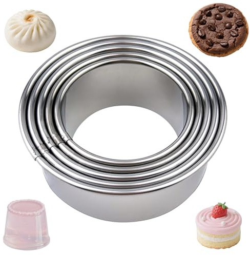 5-Piece Stainless Steel Round Cookie Cutters Set (2/2.5/2.7/2.8/3.2 Inch) Professional Circular Biscuit Cutters for Baking, Cake, Donuts, Pastry, Dough Durable Metal Baking Molds with Rolled Edge