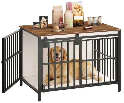 HOOBRO Hundekäfig Möbel, 100cm Hundebox für Zuhause, 2 Türen, Schiebetür, Moderne Hundebox Indoor für kleine bis mittelgroße Hunde, Hundekäfig Hochbelastbar, Weiß und Walnuss EBWH163GW03