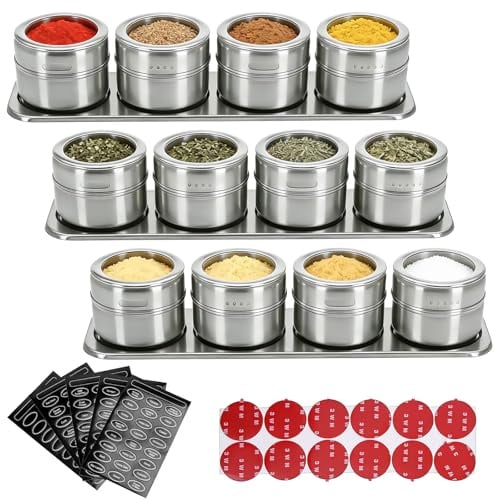 12 Stück Gewürzdosen Magnetisch, 100ml Edelstahl Transparent Top BBQ Gewürzdose, 2-in-1 Gewürzbehälter mit Deckel, Separates Gewürzregal, Gewürzaufklebern für Gewürze, Kräuter, Gewürzmischungen