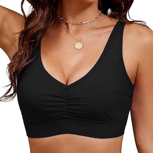 NLAND Top Bikini da Donna Costume da Bagno Reggiseno con Imbottitura Removibile Costume da Bagno Top Classico Plissettato(Nero,L)