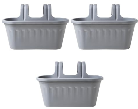 FabFinds Over Fence Plastic Basket 38cm Black No-Drill Hanging Planter for Garden Fence Balcony Railing & Patio Weather-Resistant Outdoor Plant Pot Holder (3, Grey)