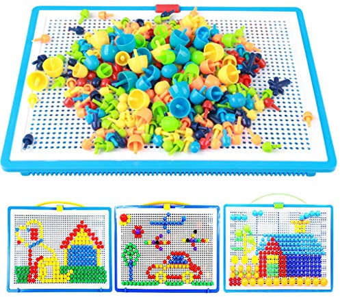 Moonlove 296 pcs Jigsaw Puzzle Mix Colour Mushroom Nails Pegboard Educational Building Blocks Bricks Creative DIY Mosaic Toys Birthday for Kids
