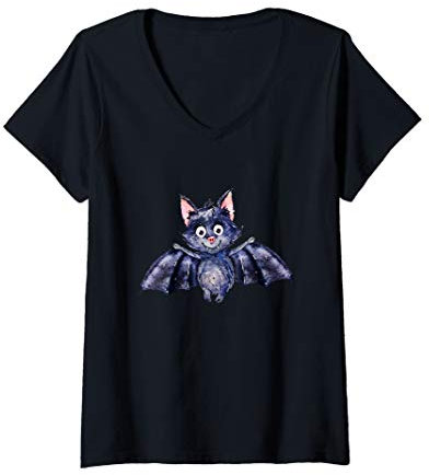 Damen Vampir Fledermaus witzig Karneval Halloween Kostüm Geschenk T-Shirt mit V-Ausschnitt