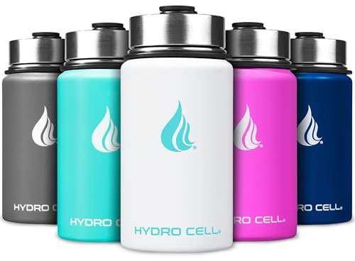 HYDRO CELL Stainless Steel Water Bottle w/Straw & Wide Mouth Lids (40oz 32oz 24oz 18oz) - Keeps Liquids Hot or Cold with Double Wall Vacuum Insulated Sweat Proof Sport Design (White 14oz)