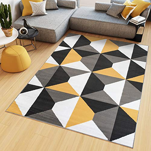 TAPISO Maya Teppich Kurzflor Grau Weiß Gelb Modern Geometrisch Vierecke Figuren Design Wohnzimmer Schlafzimmer Büro ÖKOTEX 200 x 300 cm