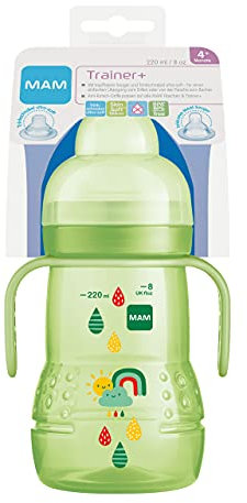 MAM Trainer+ Gourde d'apprentissage, 220 ml, pour la transition vers la tasse à bec, avec tétine anti-gouttes, bec et poignée, 4 mois et plus, motif arc-en-ciel