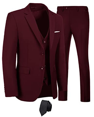 Furuyal Herren Anzüge 3-teiliges Slim Fit Anzug-Set, Zwei Knöpfe, Hochzeit, Business, Smoking, solide Blazer, Jacke, Weste, Hose mit Krawatte, Burgunder, XL