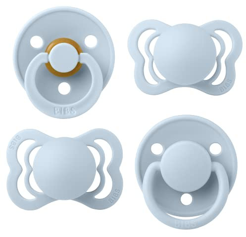 BIBS Schnuller 4er-Pack, Try it starter pack, BPA-frei, Kirschform, Symmetrische und Kiefergerechte Sauger. Naturkautschuk/Silikon, Hergestellt in Dänemark. 0-6 Monate (4er Pack), Baby Blue