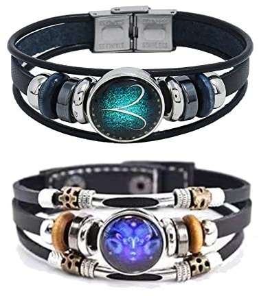 Hewill 2Pcs Multilayer Constellation Zodiac Leather Bracelet Handmade Woven Zodiac Sign Wrap Bracelet Wristband for Women Men Jewelry Birthday Gift, 21cm (8.26'), 21.7cm (8.5'), Leather, no gemstone
