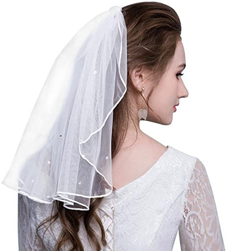 Amerson Brautschleier, Schleier kurz Strass Elegante Braut Tüll mit Kamm Hochzeitsschleier Hochzeit Kurzer für JGA Junggesellinnenabschied Zubehör (Ivory), L45