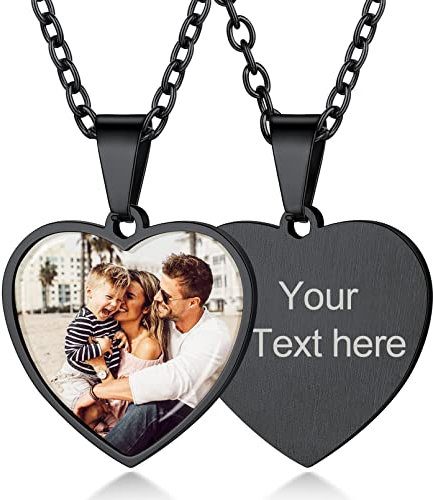 Custom4U Collier Pendentif Femme Porte Photo Gravé Noir Charme Prénom Personnalisable Cadeau Anniversaire Noël